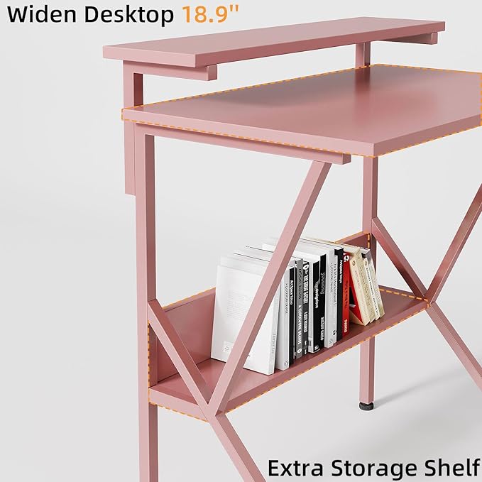 COTUBLR Small Desk, 27.5 Inch Small Computer Desk for Small Spaces, Computer Desk with Adjustable Monitor Stand, Compact Desk with Storage, Tiny Desk Study Desk for Bedroom Home Office, Pink - LeafyLoom