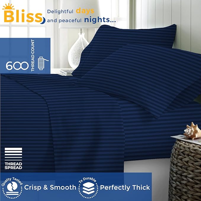 THREAD SPREAD Luxury Egyptian Cotton Twin Stripe Sheet Set - 600 Thread Count Extra Long Staple 3 PC Set, Twin Damask Sheets, Soft, Cooling Sateen Weave Striped Sheets Upto 18" Deep Pocket - Navy Blue - LeafyLoom