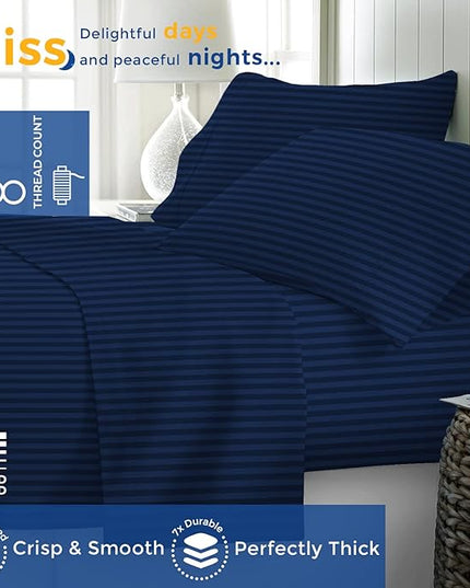 THREAD SPREAD Striped Egyptian Cotton Sheets Twin XL Size - 600 Thread Count 3 PC Damask Twin XL Sheets Deep Pockets, Sateen Weave College Dorm Bedding Twin XL, Fits Mattress upto 18" - Navy Blue - LeafyLoom