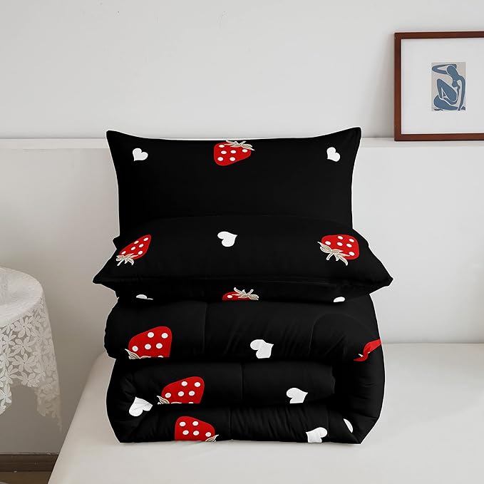 Red Strawberry Bedding Set Full Size, Soft Kawaii Strawberry Comforter Set For Kids Girls Boys Bedroom Decor, Cute Fruits Theme Sweet Strawberry Down Comforter Lightweight Reversible Duvet Set, Black - LeafyLoom