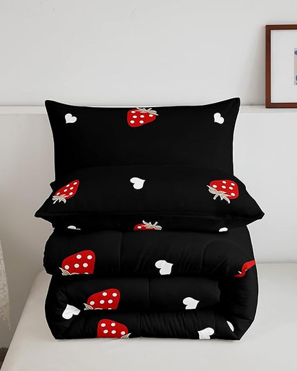 Kawaii Bedding Strawberry Comforter Set Twin Size Strawberry Decor Down Comforter Red Strawberry Bedding Set Cute Fruits Theme Sweet Strawberry Quilt Set Soft Reversible With 1 Pillowcase, Red Black - LeafyLoom