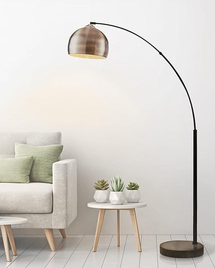 Teamson Home Arquer 68.1" Arc Floor Lamp for Living Rooms, Home Offices, Dining Rooms, Bedrooms with Faux Black Marble Base and Antique Brass Bell Shade - LeafyLoom