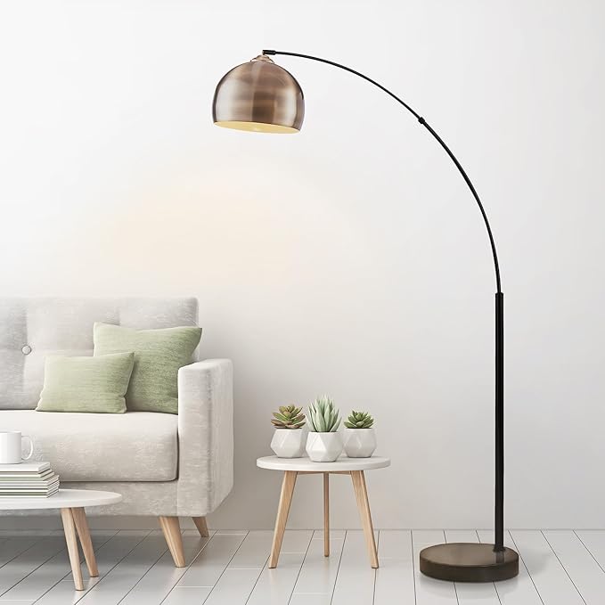 Teamson Home Arquer 68.1" Arc Floor Lamp for Living Rooms, Home Offices, Dining Rooms, Bedrooms with Faux Black Marble Base and Antique Brass Bell Shade - LeafyLoom