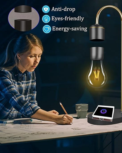 Levitating Light Bulb Lamp with Wireless Charging Pad (Apple/Android) Magnetic Levitation Floating Table Lamp Gold with Replacement Bulb for Home Office Christmas Gift Bedroom Decoration - LeafyLoom