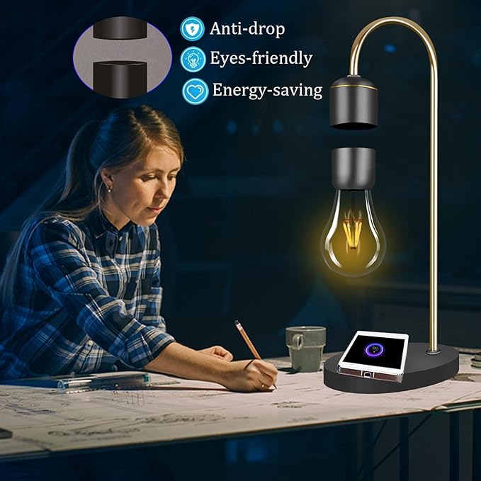 Levitating Light Bulb Lamp with Wireless Charging Pad (Apple/Android) Magnetic Levitation Floating Table Lamp Gold with Replacement Bulb for Home Office Christmas Gift Bedroom Decoration - LeafyLoom