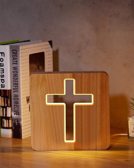 Lampeez Jesus Cross Wooden Lamp Novelty Night Light 3D Illusion lamp for Kids, Kids Decoration Lamp USB Power Bedroom Decor Xmas Holiday Birthday Gifts for Boy Girl - LeafyLoom