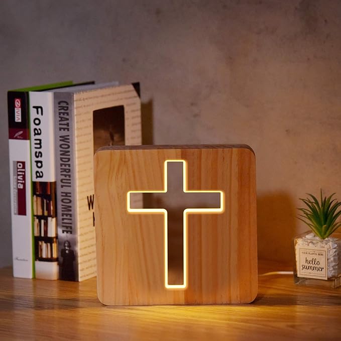 Lampeez Jesus Cross Wooden Lamp Novelty Night Light 3D Illusion lamp for Kids, Kids Decoration Lamp USB Power Bedroom Decor Xmas Holiday Birthday Gifts for Boy Girl - LeafyLoom