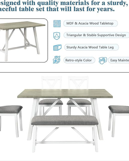 Rustic Style Spacious 4 Chair and Multifunctional Bench, Long-Lasting Solid Rubber Wood Room, Kitchen, 6 Piece Dining Table Set, White 18 - LeafyLoom