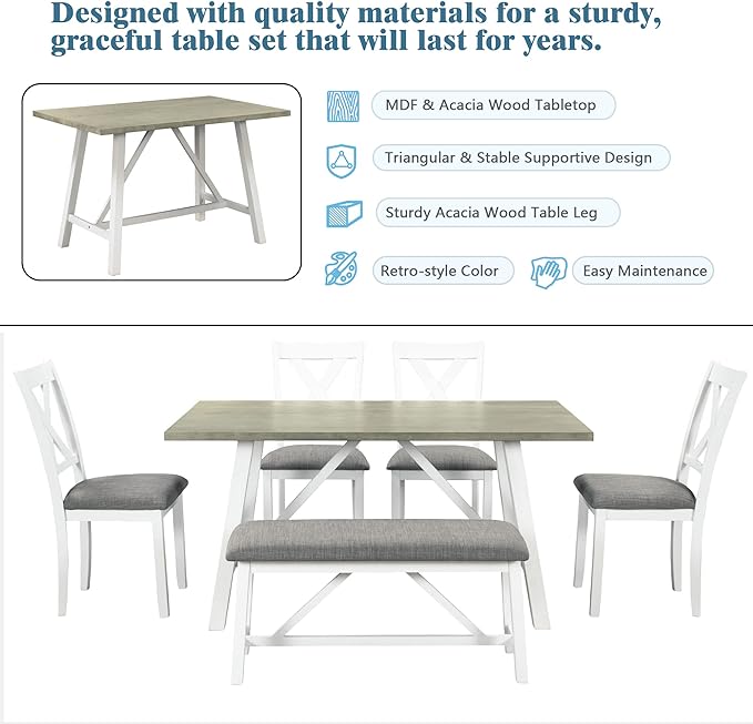 Dining Room Table Set for 6, Wood Kitchen Table Set with 4 Upholstered Chairs & 1 Padded Bench, 6-Piece Rustic Style Dining Table and Chairs for Kitchen, Dining Room, White+Grey - LeafyLoom