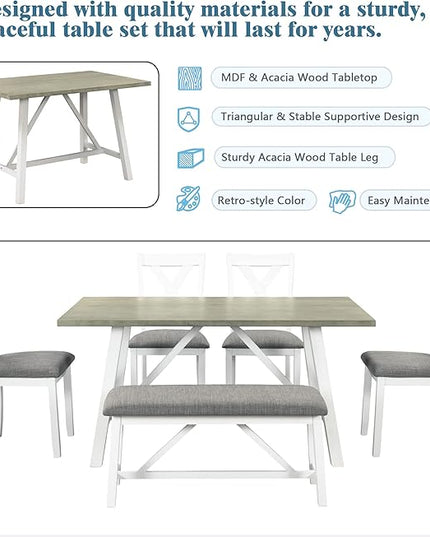 6-Piece Wood Rectangle Dining Table Set with Bench and 4 Upholstered Chairs for Kitchen Living Room, Farmhouse Rustic Style, White+Gray, 60" L x 36" W x 29.9" H - LeafyLoom