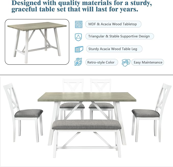 6-Piece Wood Rectangle Dining Table Set with Bench and 4 Upholstered Chairs for Kitchen Living Room, Farmhouse Rustic Style, White+Gray, 60" L x 36" W x 29.9" H - LeafyLoom