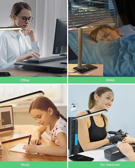 Desk Lamp with Wireless Charger, USB Charging Port, Dimmable Office Desk Light with Clock, Alarm, Date, Temperature, Foldable Lamp for Table Bedroom Bedside Office (Black) - LeafyLoom
