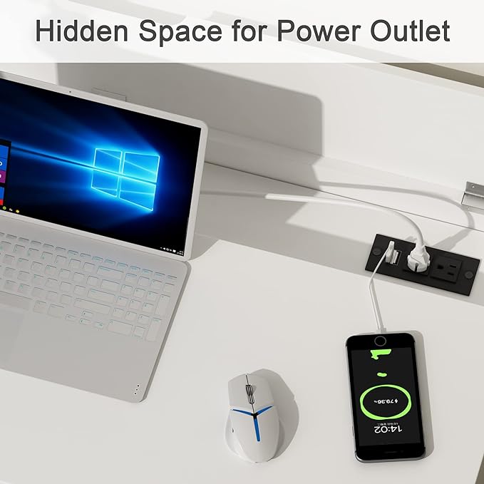 Treocho Computer Desk with USB Charging Ports and Power Outlets, Modern Simple 47 inch White Desk with 2 Drawers, Vanity Desk, Makeup Table for Home Office, Bedroom - LeafyLoom