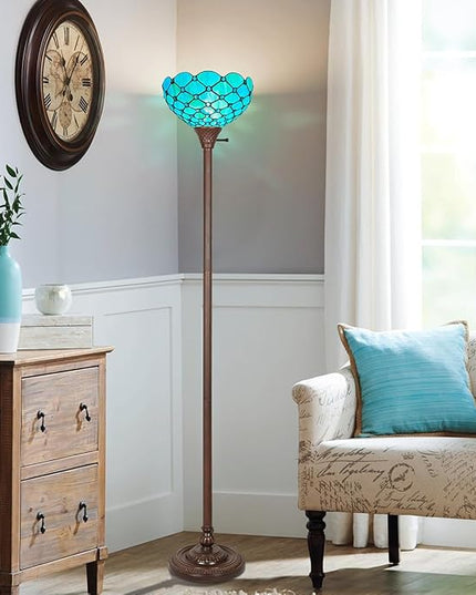 Capulina Tiffany Torchiere Floor Lamp 69 Inches Tall Industrial Pole Seagrass Blue Beads Style Stained Glass Standing Light for Home Office Living Room Bedroom - LeafyLoom