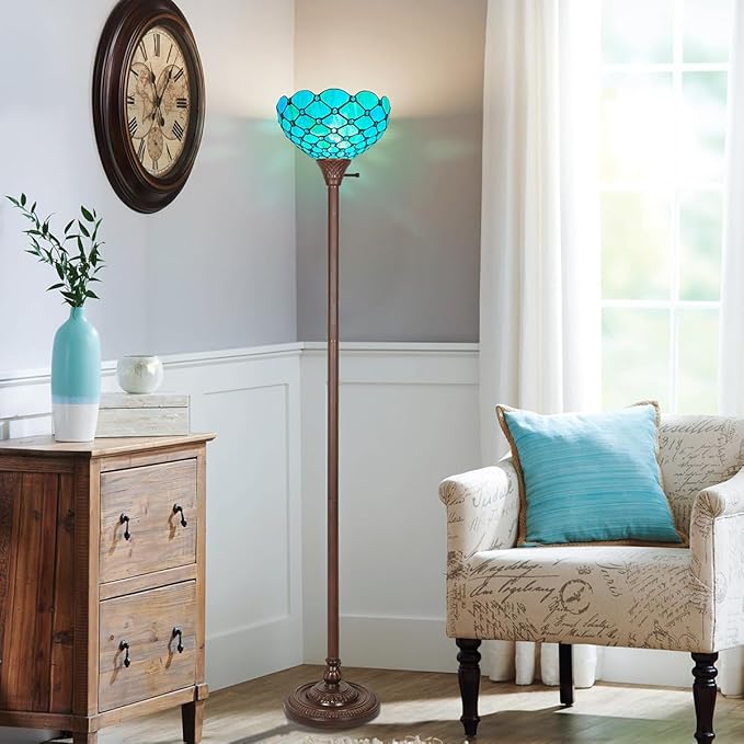 Capulina Tiffany Torchiere Floor Lamp 69 Inches Tall Industrial Pole Seagrass Blue Beads Style Stained Glass Standing Light for Home Office Living Room Bedroom - LeafyLoom