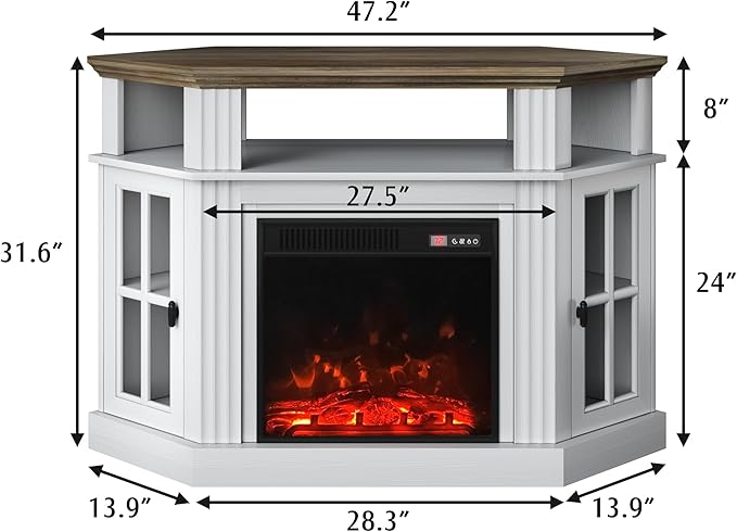 YESHOMY Corner Fireplace TV Stand for Television up to 55" with Storage Cabinets, Entertainment Center, Media Console for Living Room, Bedroom, White - LeafyLoom