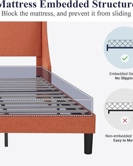 Allewie King Size Bed Frame, Platform Bed Frame with Upholstered Headboard, Modern Deluxe Wingback, Wood Slat Support, Mattress Foundation, Burnt Orange - LeafyLoom