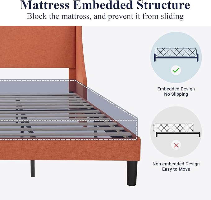 Allewie King Size Bed Frame, Platform Bed Frame with Upholstered Headboard, Modern Deluxe Wingback, Wood Slat Support, Mattress Foundation, Burnt Orange - LeafyLoom