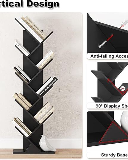Function Home 9 Tier Tree Bookshelf, Modern Tall Geometric Bookcase, Freestanding Book Shelf, Wood Floor Storage Shelf for Living Room, Bedroom, Home Office,Black - LeafyLoom