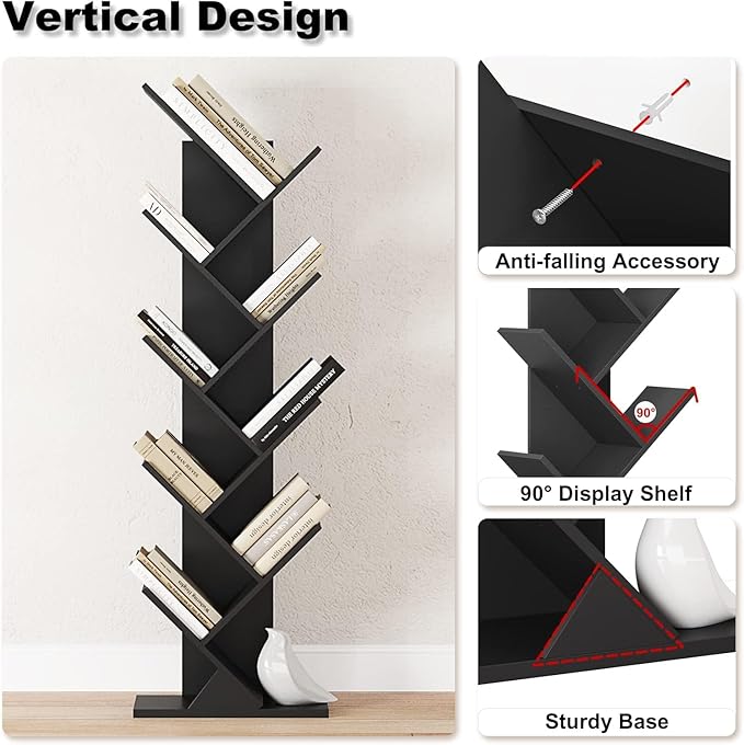 Function Home 9 Tier Tree Bookshelf, Modern Tall Geometric Bookcase, Freestanding Book Shelf, Wood Floor Storage Shelf for Living Room, Bedroom, Home Office,Black - LeafyLoom