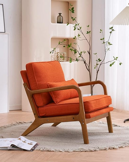 Bonnlo Linen Burnt Orange Mid Century Modern Accent Chair, Soild Wood Padding Lounge Armchairs Side Sitting Chairs for Living Room, Bedroom, Guest Room - LeafyLoom