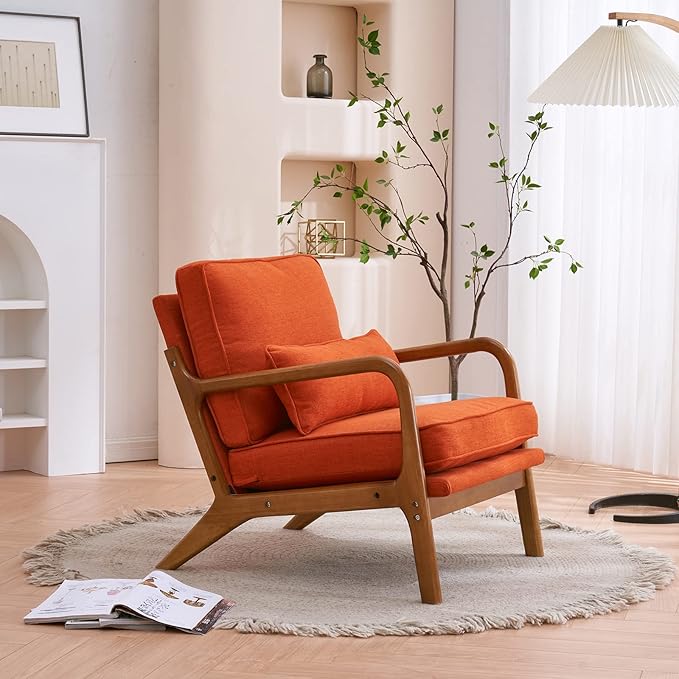 Bonnlo Linen Burnt Orange Mid Century Modern Accent Chair, Soild Wood Padding Lounge Armchairs Side Sitting Chairs for Living Room, Bedroom, Guest Room - LeafyLoom