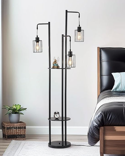 Dimmable floor lamp with table，Industrial Farmhouse Floor Lamp adjustable Angle，3 Light Rustic Standing Tall Lamp for living room, bedroom and office （bulbs included） - LeafyLoom