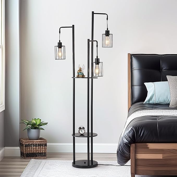 Dimmable floor lamp with table，Industrial Farmhouse Floor Lamp adjustable Angle，3 Light Rustic Standing Tall Lamp for living room, bedroom and office （bulbs included） - LeafyLoom