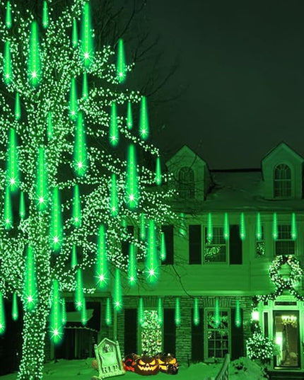Halloween Lights Outdoor, Meteor Shower Lights Christmas Lights for Halloween Decorations, 8Tube 192LED Snow Falling Rain Icicle String Lights for Xmas Christmas Decor Tree Party,UL Plug Green Weepong