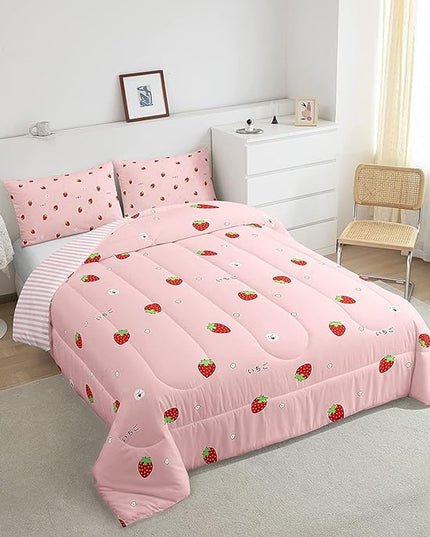 Girls Strawberry Comforter Set King Kawaii Strawberry Comforter for Kids Japanese Style Pink Cute Cartoon Fruit Food Theme Bedding Set Girly White Floral Down Comforter Reversible Soft Lightweight - LeafyLoom
