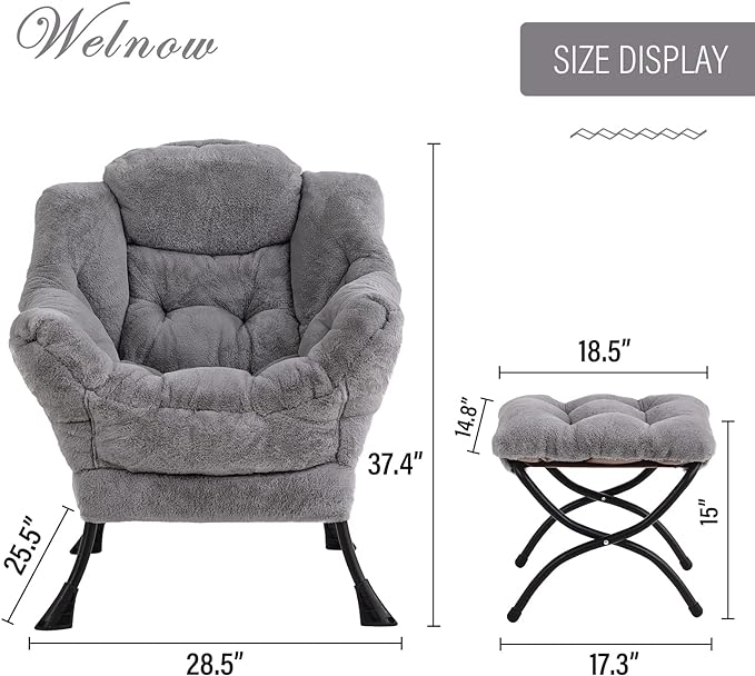 Welnow Lazy Chair with Ottoman, Modern Lounge Accent Chair with Armrests and a Side Pocket, Leisure Sofa Chair Set, Reading Chair with Footrest for Small Space, Corner Chair, Plush Grey - LeafyLoom