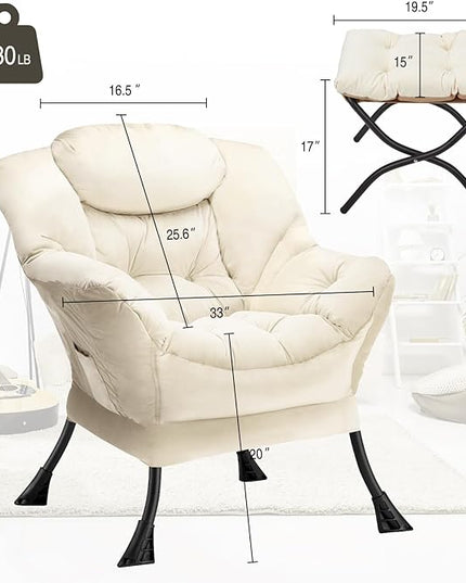 Lazy Chair with Folding Ottoman Modern Large Accent Chair,Contemporary Lounge Leisure Sofa Chair with Armrests Upholstered Sofa Armchair Reading Chair for Bedroom,Dorm & Office,Beige - LeafyLoom