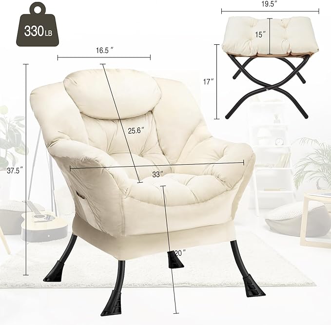 Lazy Chair with Folding Ottoman Modern Large Accent Chair,Contemporary Lounge Leisure Sofa Chair with Armrests Upholstered Sofa Armchair Reading Chair for Bedroom,Dorm & Office,Beige - LeafyLoom
