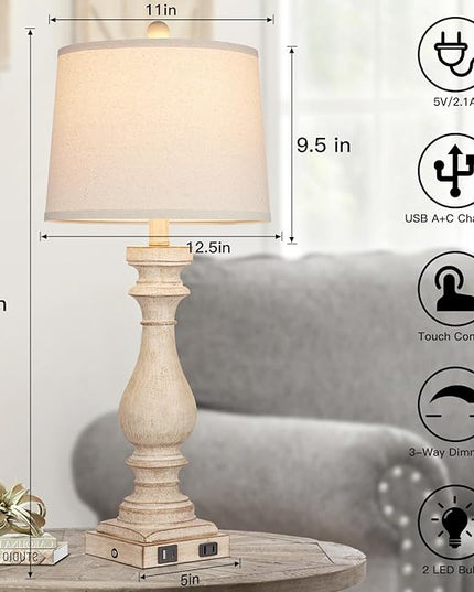 29" Tall Table Lamp for living room set of 2,Vintage Bedside Nightstand Lamps with USB C+A Ports & AC Outlet,3-Way Dimmable Touch Control White Washed Finish Desk Lamp for Bedroom,Color 1 - LeafyLoom