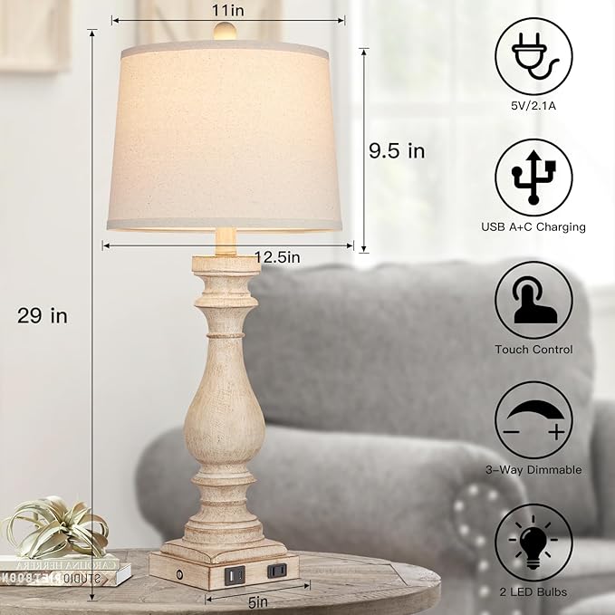 29" Tall Table Lamp for living room set of 2,Vintage Bedside Nightstand Lamps with USB C+A Ports & AC Outlet,3-Way Dimmable Touch Control White Washed Finish Desk Lamp for Bedroom,Color 1 - LeafyLoom