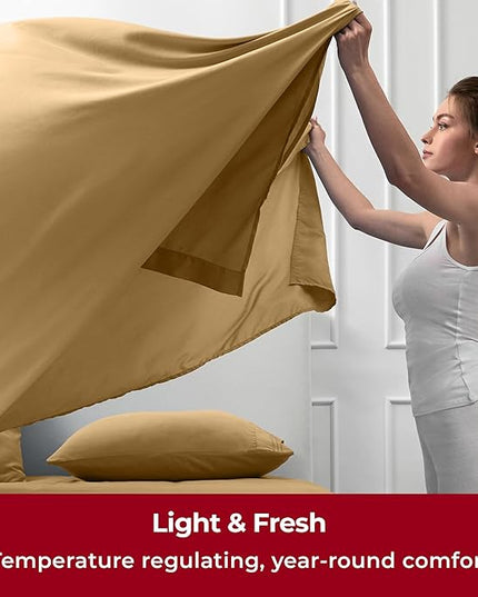 Mellanni California King Sheets Set - 4 PC Iconic Collection Bedding Sheets & Pillowcases - Hotel Luxury, Extra Soft, Cooling Bed Sheets - Deep Pocket up to 16 inch (Cal King, Gold) - LeafyLoom