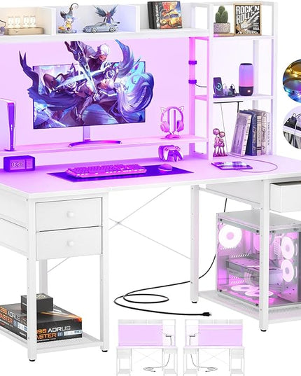 Aheaplus Desk with LED and Outlets, Gaming Desk with Hutch, 47.2'' Computer Desk with Drawers, Reversible Office Desk with Storage Bookshelf Large Workstation Desk with Shelf, Desk for Home, White - LeafyLoom