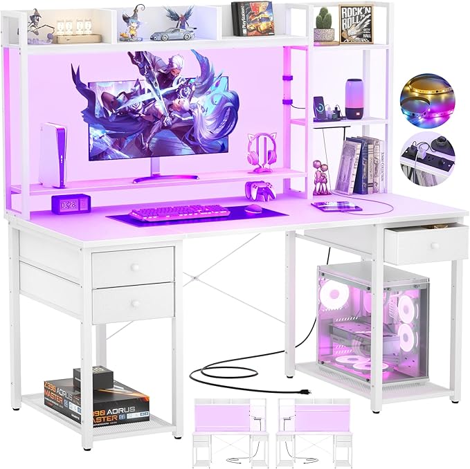 Aheaplus Desk with LED and Outlets, Gaming Desk with Hutch, 47.2'' Computer Desk with Drawers, Reversible Office Desk with Storage Bookshelf Large Workstation Desk with Shelf, Desk for Home, White - LeafyLoom