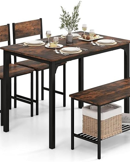 Moccha Dining Table Set for 4, Wooden Kitchen Table with with 2 Chairs and a Long Bench, Modern 4-Piece Dinette with Metal Frame & Storage Rack, Space-Saving Table Set for Dining Room, Rustic Brown - LeafyLoom