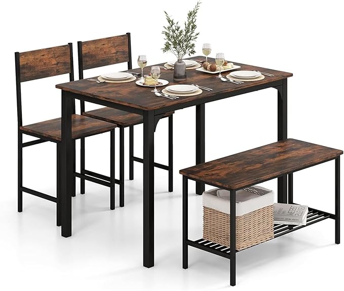 Moccha Dining Table Set for 4, Wooden Kitchen Table with with 2 Chairs and a Long Bench, Modern 4-Piece Dinette with Metal Frame & Storage Rack, Space-Saving Table Set for Dining Room, Rustic Brown - LeafyLoom