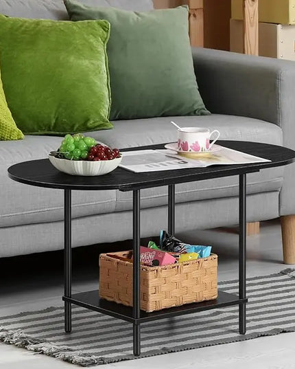 ETELI Black Coffee Tables for Living Room 2-Tier Small Oval Coffee Table Wood Accent Coffe Tables with Storage Shelf Modern Mesa De Centro Sala for Small Space, Home Office - LeafyLoom