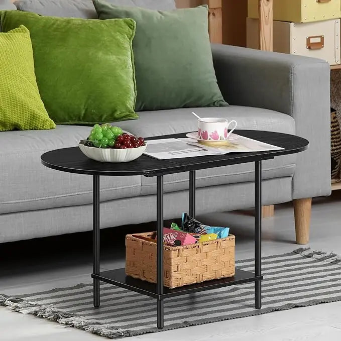 ETELI Black Coffee Tables for Living Room 2-Tier Small Oval Coffee Table Wood Accent Coffe Tables with Storage Shelf Modern Mesa De Centro Sala for Small Space, Home Office - LeafyLoom