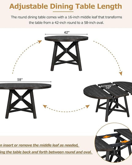 Merax 5-Piece Retro Functional Dining Set with Extendable Kitchen 16" Removable Middle Leaf Including 4 Upholstered Backrest Cusioned, Living Room, Apartment, 58" Extenable Round Table+4 Chairs, Black - LeafyLoom