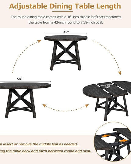 NicBex Round Dining Table for 4 Kitchen Table and Chairs 5-Piece Dining Set with Extendable Round Table with Removable Middle Leaf and 4 Upholstered Chairs, Black - LeafyLoom
