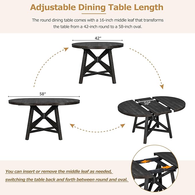 NicBex Round Dining Table for 4 Kitchen Table and Chairs 5-Piece Dining Set with Extendable Round Table with Removable Middle Leaf and 4 Upholstered Chairs, Black - LeafyLoom