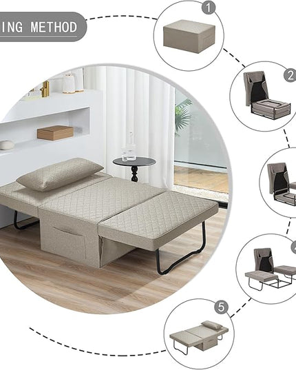 Sofa Bed, 4 in 1 Multi-Function Folding Ottoman Breathable Linen Couch Bed with Adjustable Backrest Modern Convertible Chair for Living Room Apartment Office,Squared-Linen Khaki - LeafyLoom
