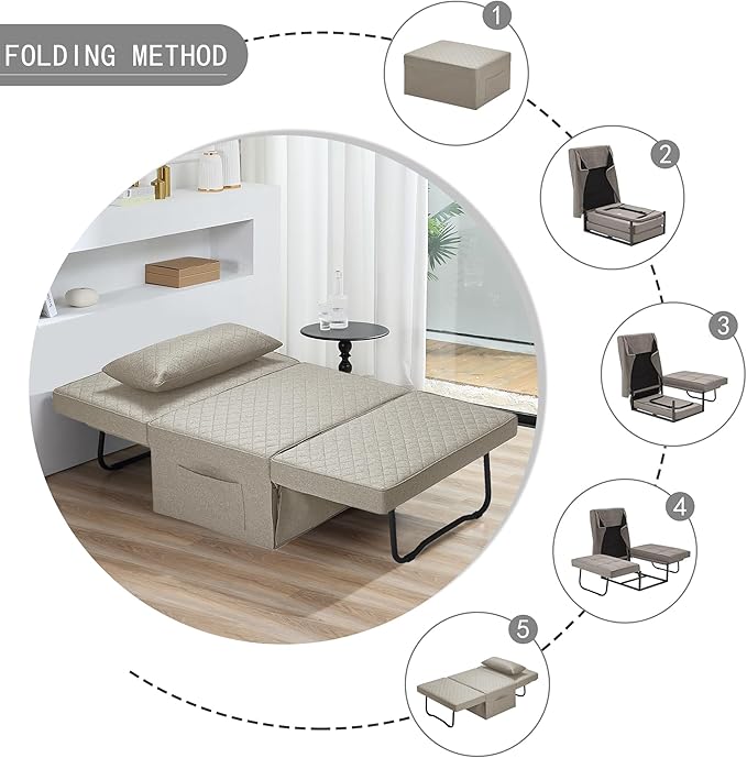 Sofa Bed, 4 in 1 Multi-Function Folding Ottoman Breathable Linen Couch Bed with Adjustable Backrest Modern Convertible Chair for Living Room Apartment Office,Squared-Linen Khaki - LeafyLoom