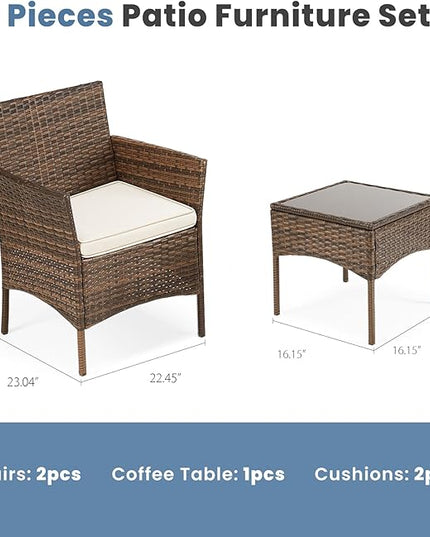 DUMOS Set 3 Pieces Outdoor Furniture with Soft Cushion and Glass Table, All Weather Manual Weaving Wicker Rattan Patio Chairs for Garden, Terrace, Porch, Lawns, Brown - LeafyLoom