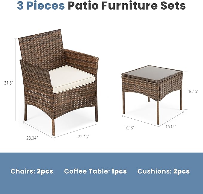 DUMOS Set 3 Pieces Outdoor Furniture with Soft Cushion and Glass Table, All Weather Manual Weaving Wicker Rattan Patio Chairs for Garden, Terrace, Porch, Lawns, Brown - LeafyLoom