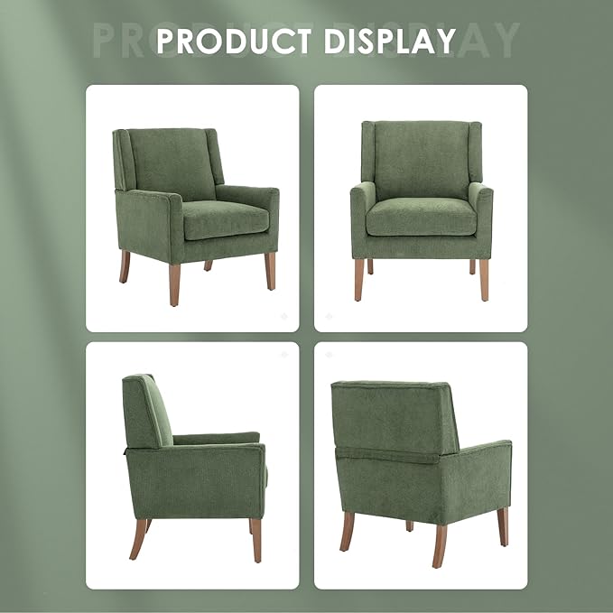 COLAMY Modern Wingback Living Room Chair, Upholstered Fabric Accent Armchair, Single Sofa chair with Lounge Seat and Wood Legs for Bedroom/Office/Reading Spaces, Green - LeafyLoom